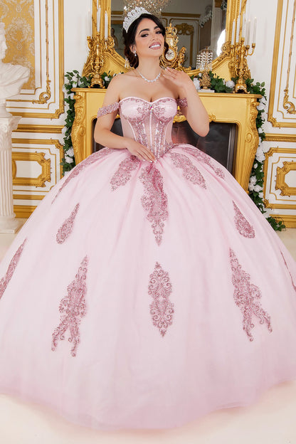 Quinceanera | Pink Off-Shoulder Jewel Long Tail Sweet 15 Ball own | Mirari J dress front view