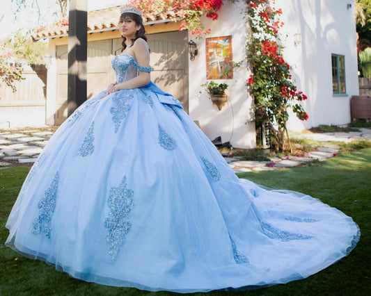 Quinceanera | Blue Off-Shoulder Jewel Long Tail Sweet 15 Ball Gown | Mirari J dress | 2 Colors Available side view
