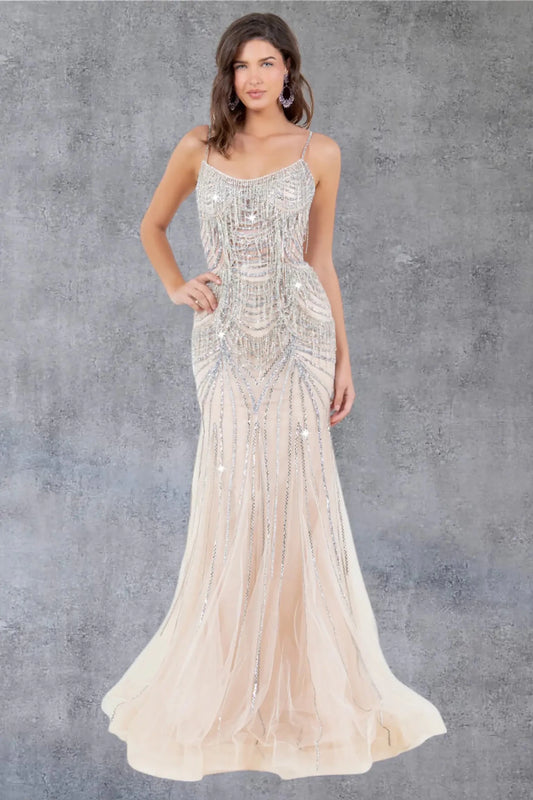Full front view of a women wearing brown beaded fringe prom dress with spaghetti straps.