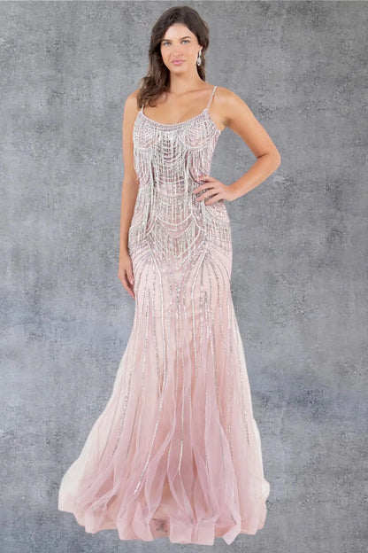 Full front view of a women wearing rose gold beaded fringe prom dress with spaghetti straps.