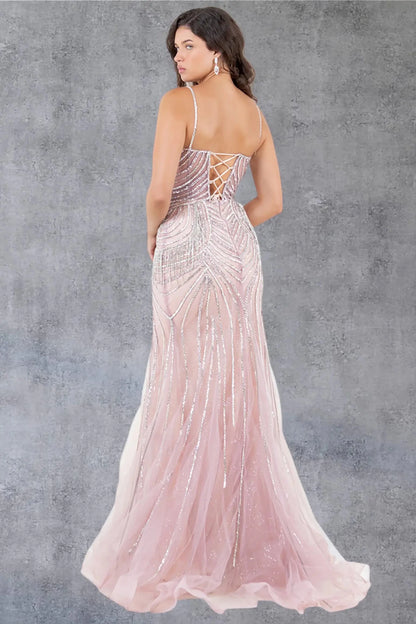 A full back view of a woman wearing a rose gold formal dress with a lace-up corset closure.