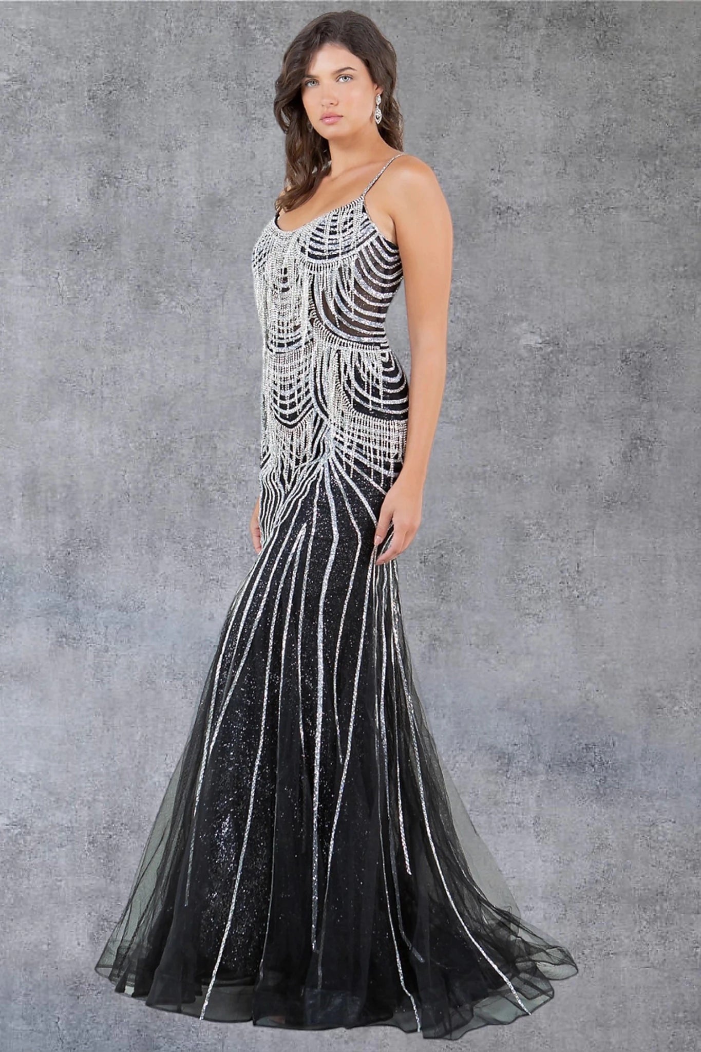Black evening gown styled with natural silhouette and long floor-length design
