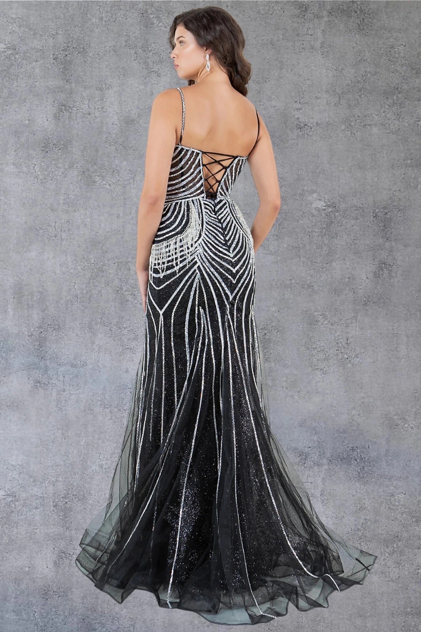 Black evening gown showcasing lace-up back closure with zipper for secure fit