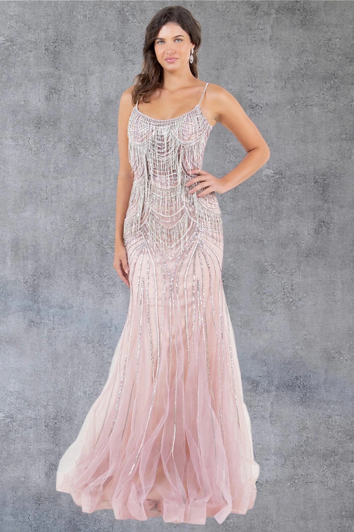 Rose gold evening gown with scoop neckline and spaghetti straps