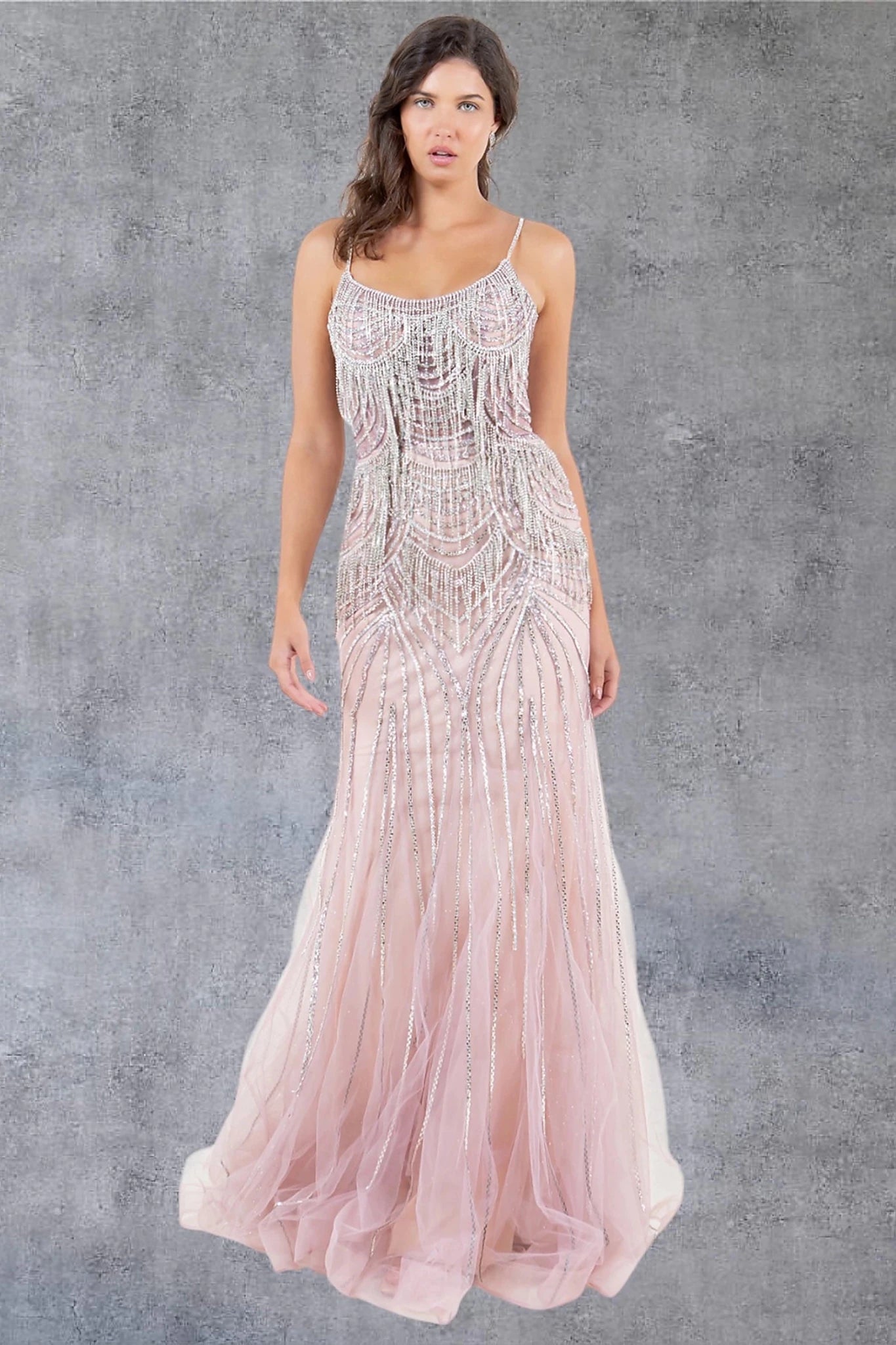 Rose gold evening gown styled with natural silhouette and long floor-length design