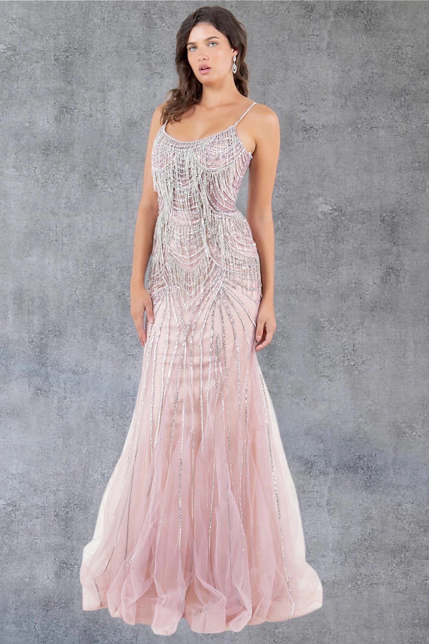 Rose gold evening gown completed with structured hem using horsehair finish