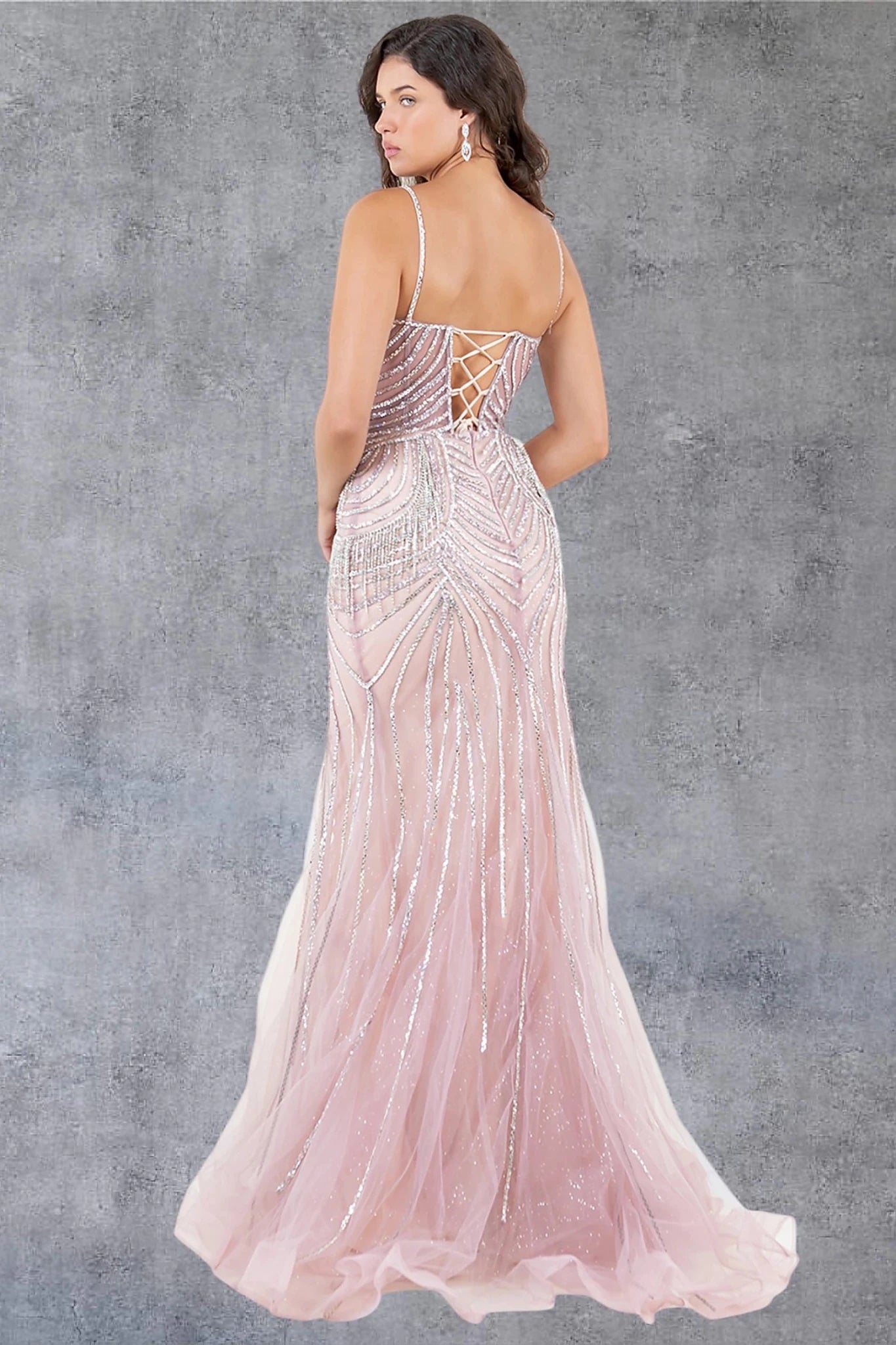 Rose gold evening gown showcasing lace-up back closure with zipper for secure fit