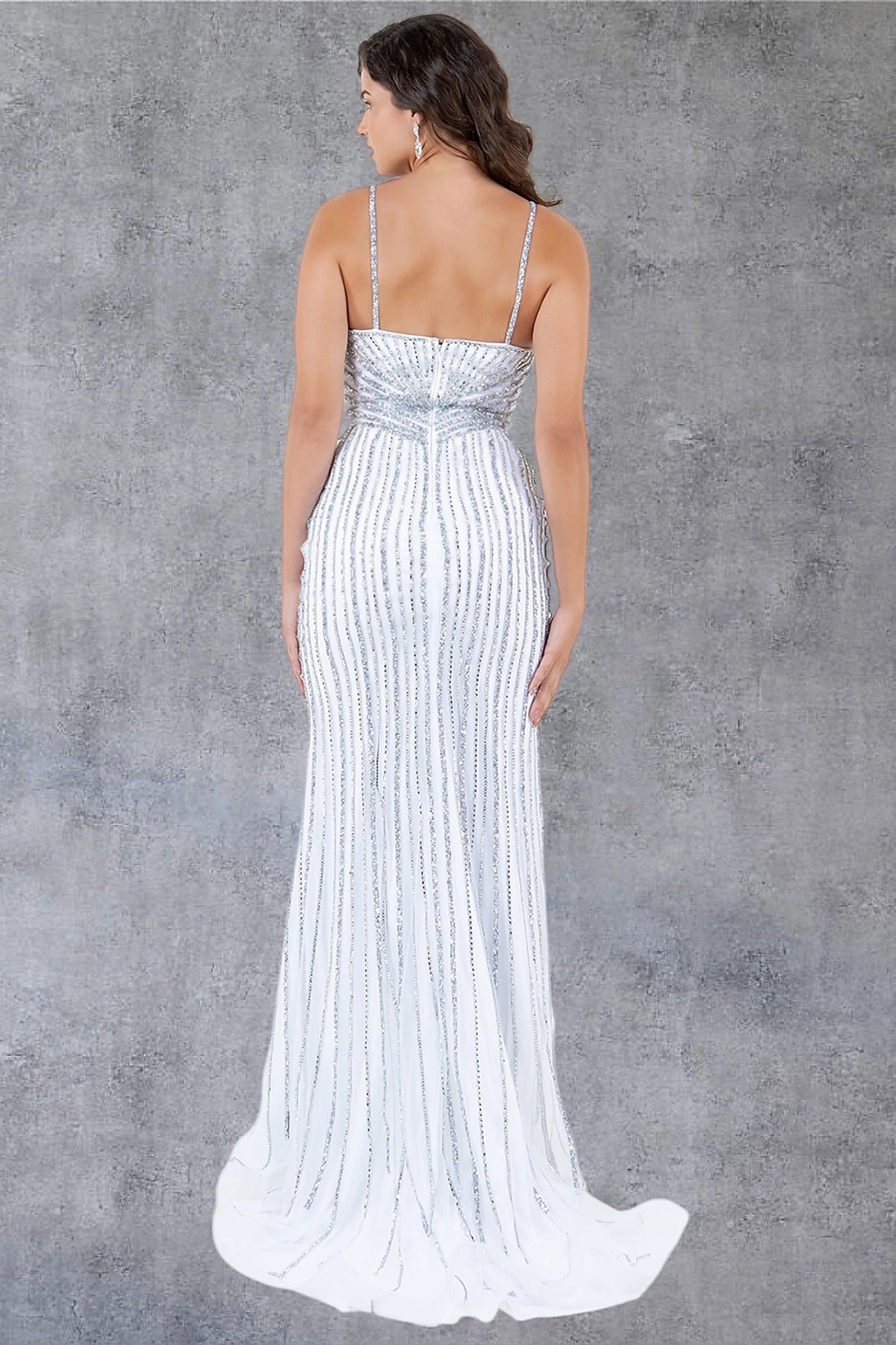 White evening dress designed with zipper back closure