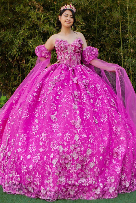 Quinceanera | Fuchsia Ball Gown with Detachable Sheer Puff Sleeve & Flowing Cape Extension | Yoselin dress | 2 Colors Available front view