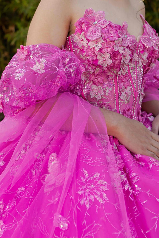Quinceanera | Fuchsia Ball Gown with Detachable Sheer Puff Sleeve & Flowing Cape Extension | Yoselin dress | 2 Colors Available side zoom