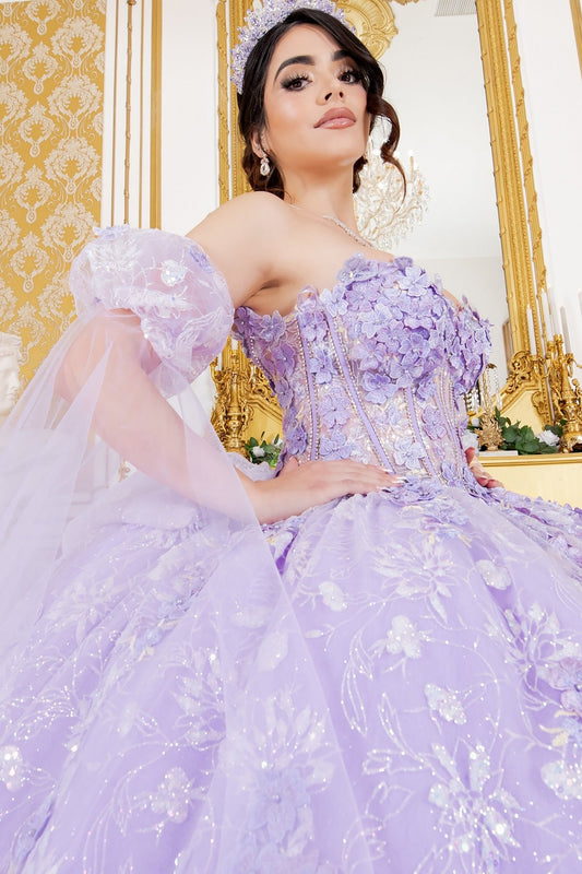 Quinceanera | Lilac Ball Gown with Detachable Sheer Puff Sleeve & Flowing Cape Extension | Yoselin dress | 2 Colors Available side zoom
