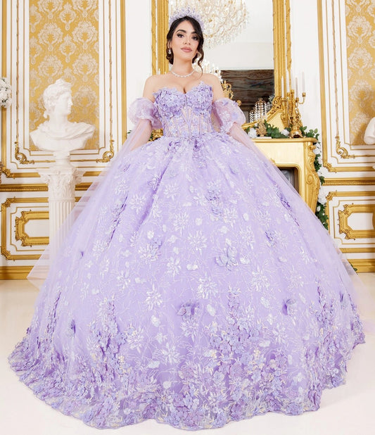 Shown in a full-skirt front view, the Lilac quinceañera dress has sheer puff sleeves and floral appliques across the full ball skirt.