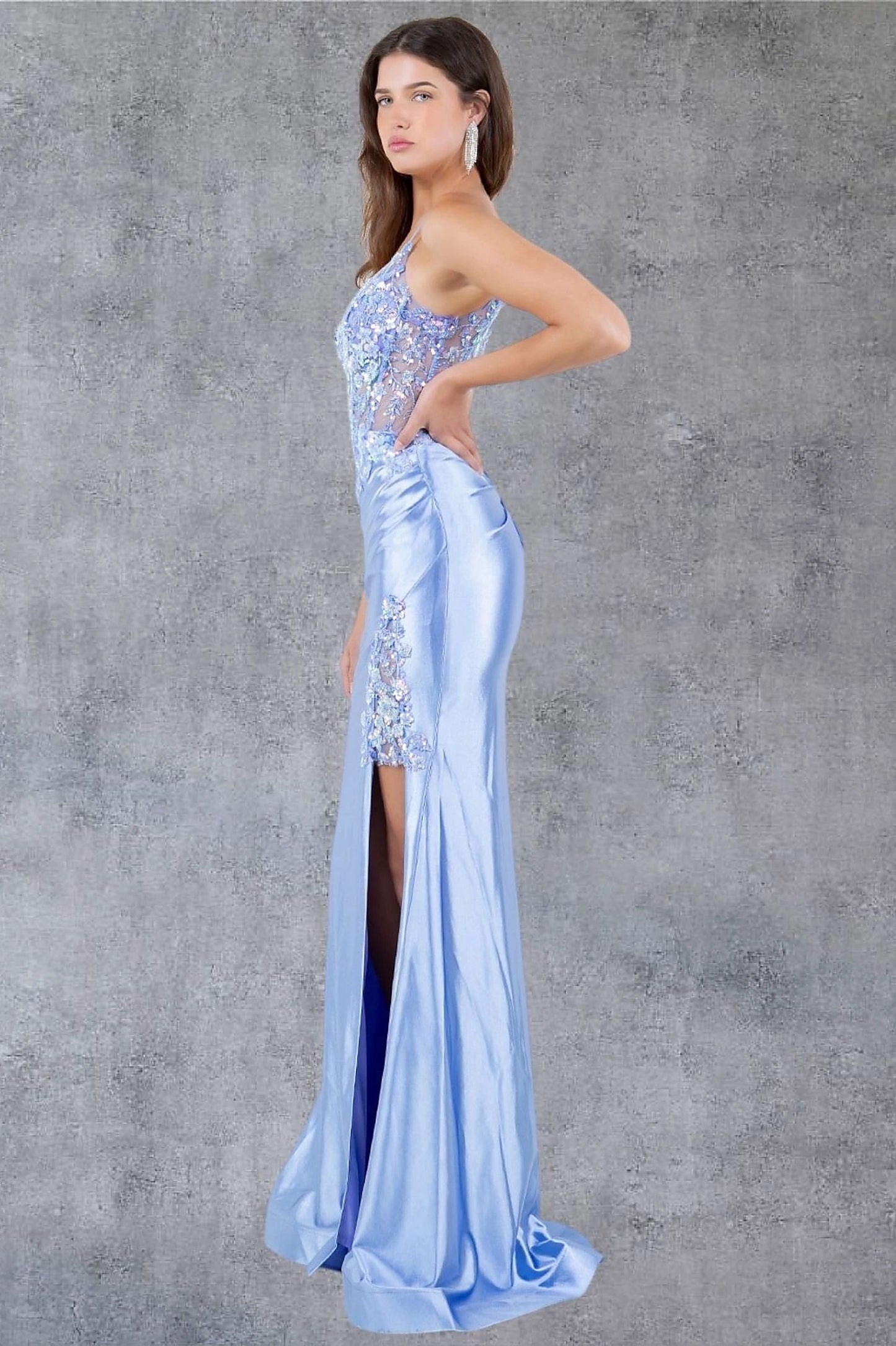 Lavender prom dress styled with lace embroidery defining waistline