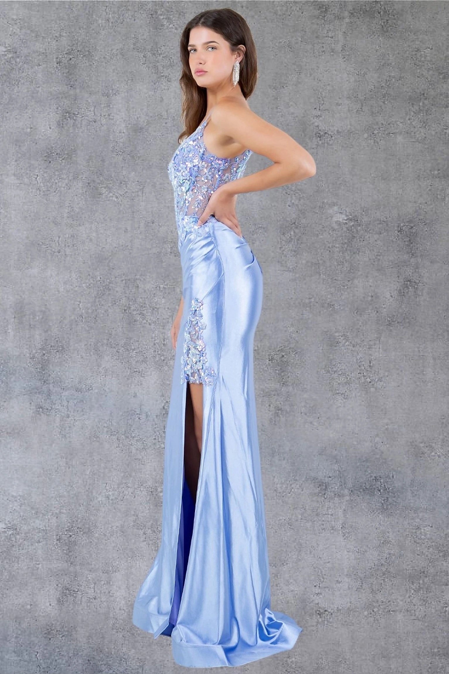 Lavender prom dress styled with lace embroidery defining waistline