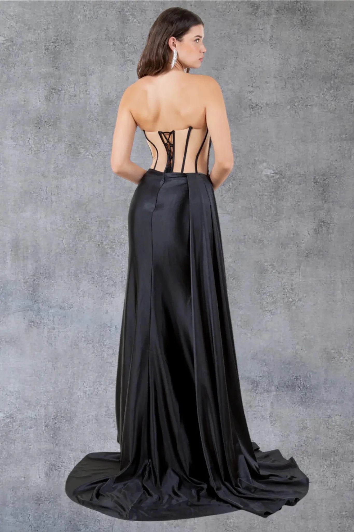 Full back view of black satin formal dress showing elegant fitted silhouette.