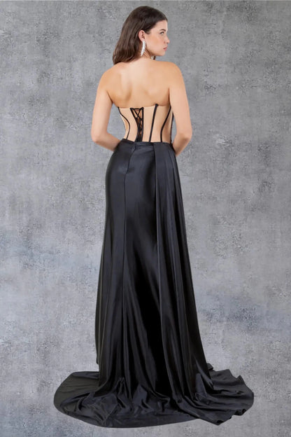 Full back view of black satin formal dress showing elegant fitted silhouette.