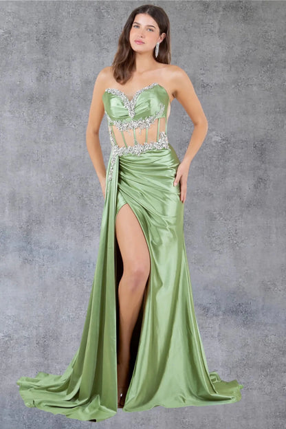 Full front view of a women wearing sage satin corset prom dress with crystal embellished bodice and slit.