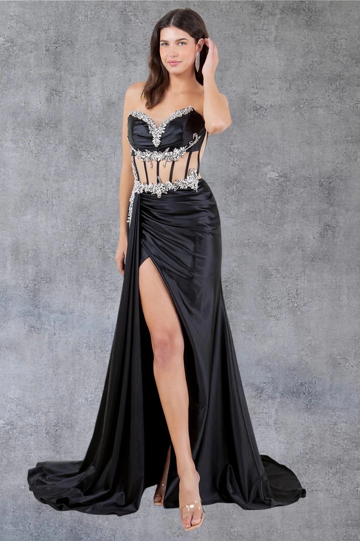 Black prom dress with strapless satin bodice construction