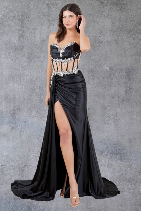 Luxurious Black Strapless Crystal Satin prom dress with Slit