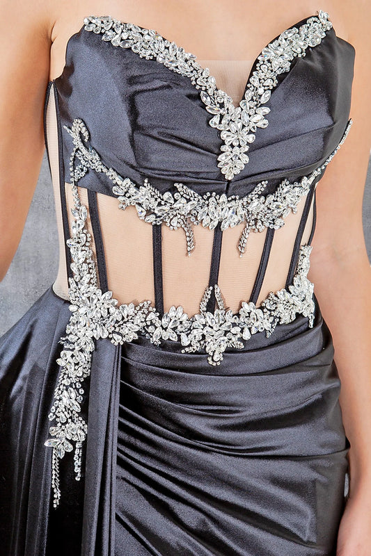 Luxurious Black Strapless Crystal Satin prom dress with Slit