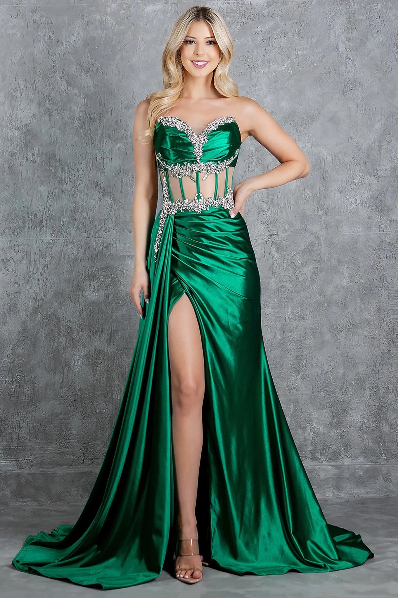 Emeral Green prom dress with strapless satin bodice construction