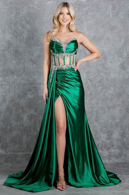 Luxurious Emerald Strapless Crystal Satin prom dress with Slit