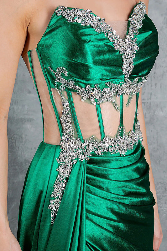 Luxurious Emerald Strapless Crystal Satin prom dress with Slit
