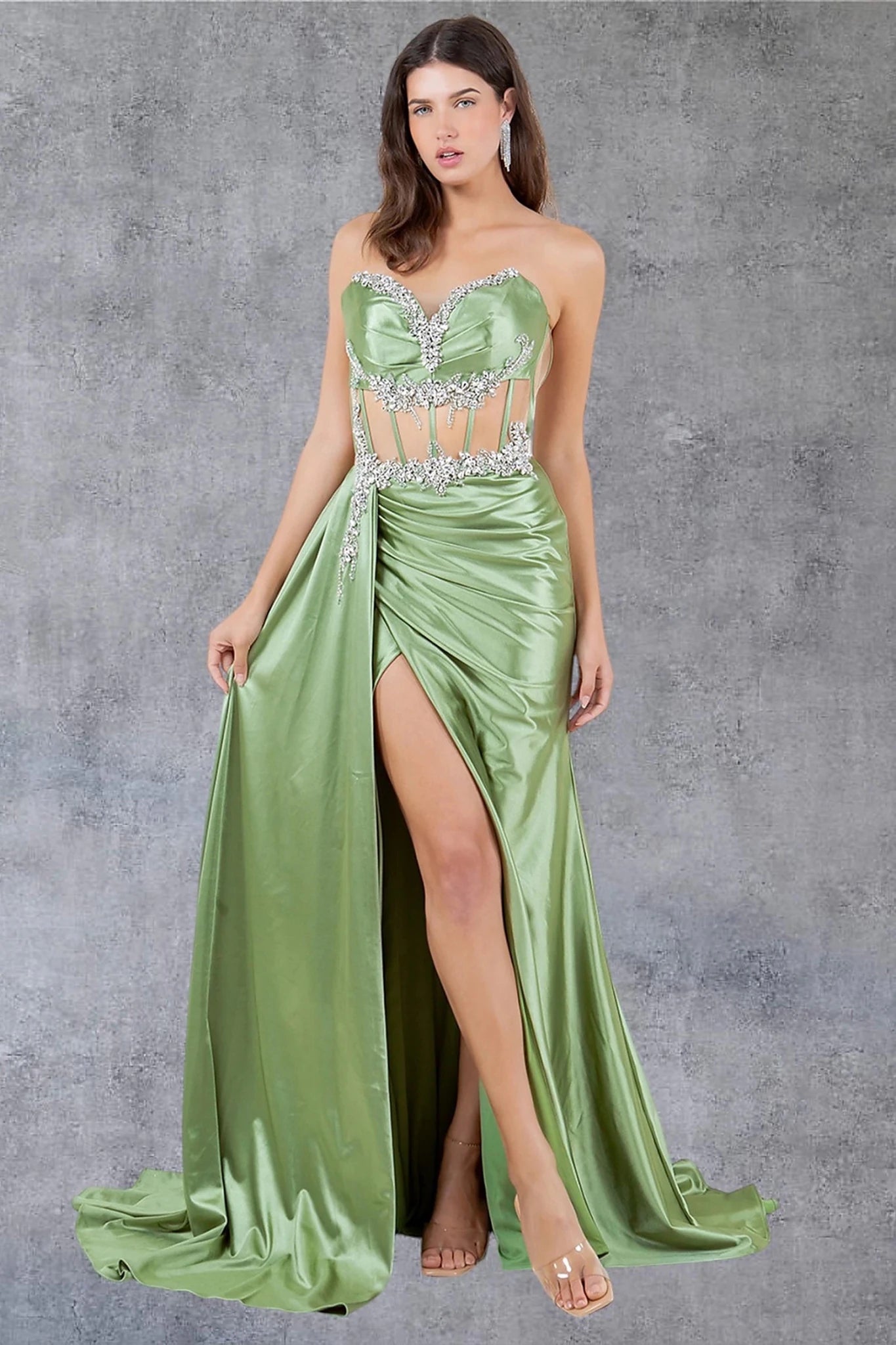 Sage prom dress with strapless satin bodice construction