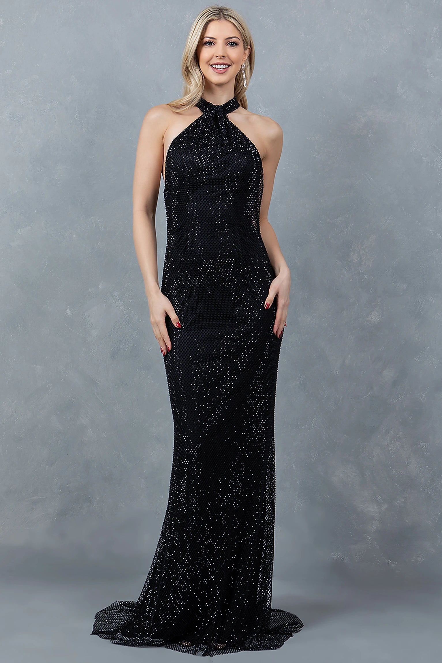 Black evening dress with halter neck design