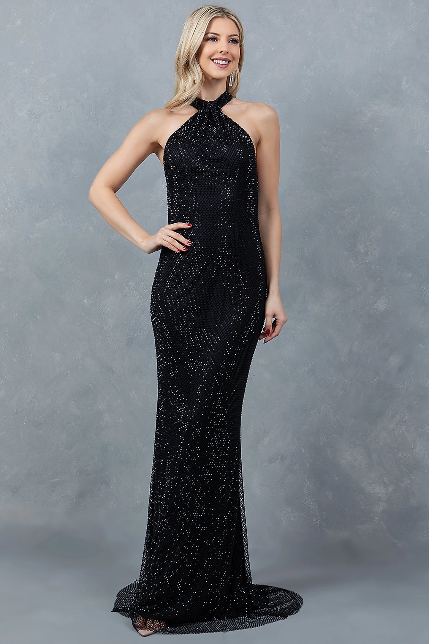 Black evening dress styled with fitted silhouette hugging curves