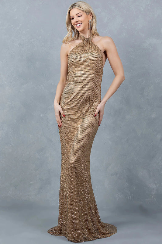 Detailed view highlights gold evening dress with halter neck design.