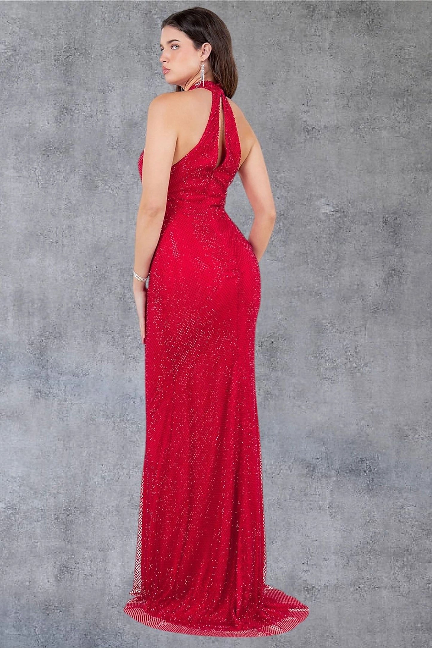 Red evening dress designed with keyhole cutout and zipper back closure
