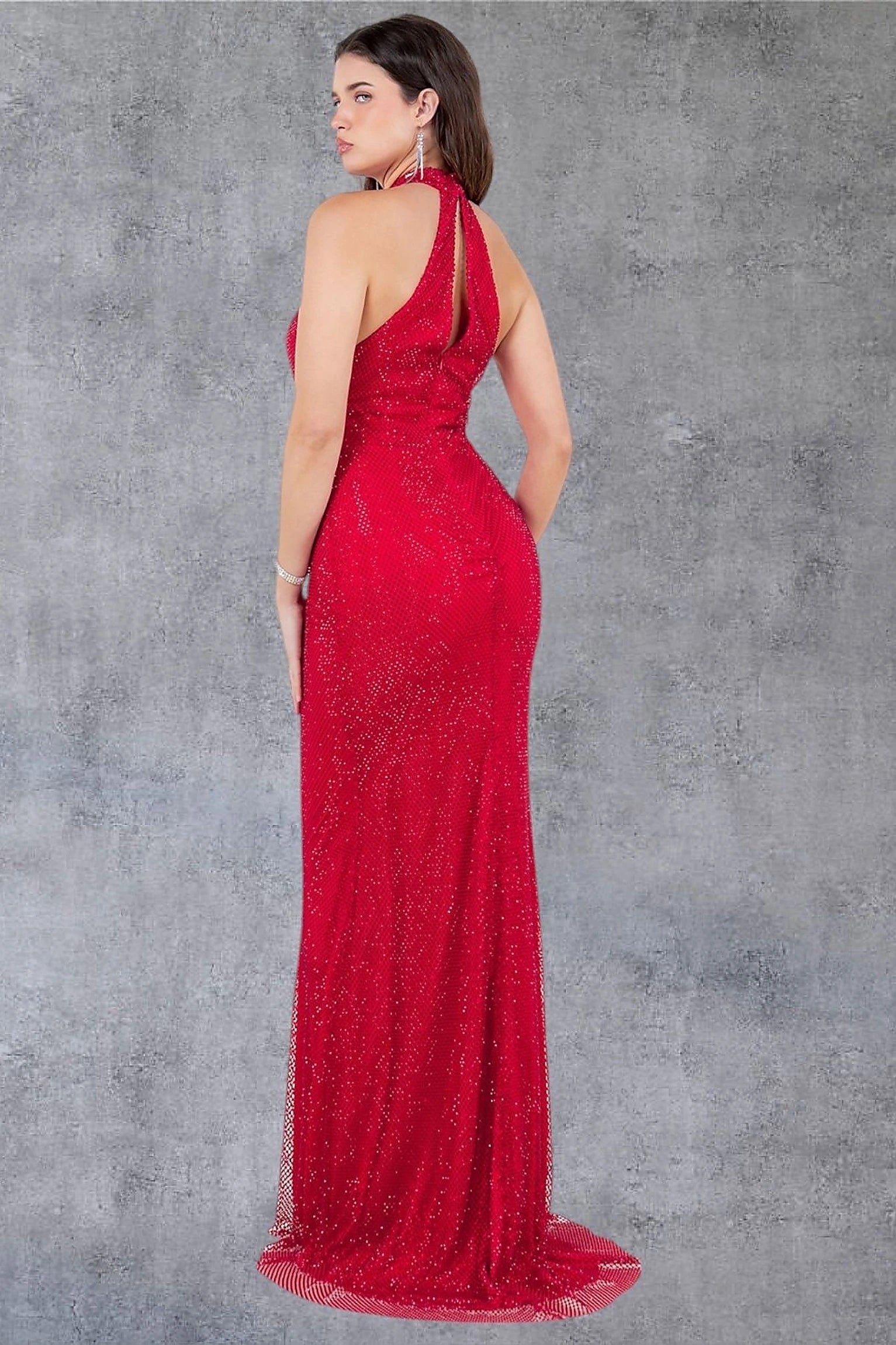 Red evening dress designed with keyhole cutout and zipper back closure
