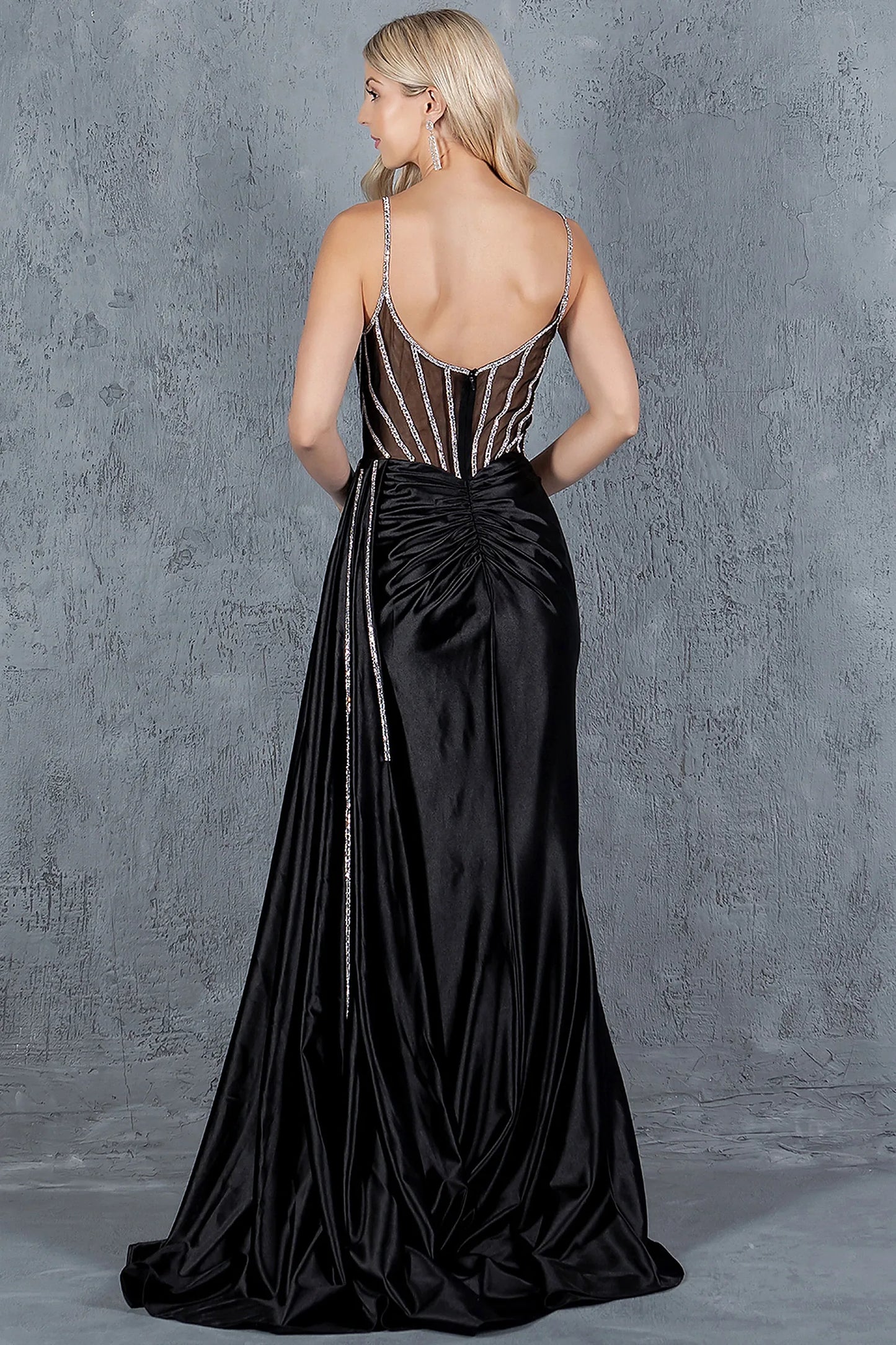 Black prom dress designed with zipper back closure