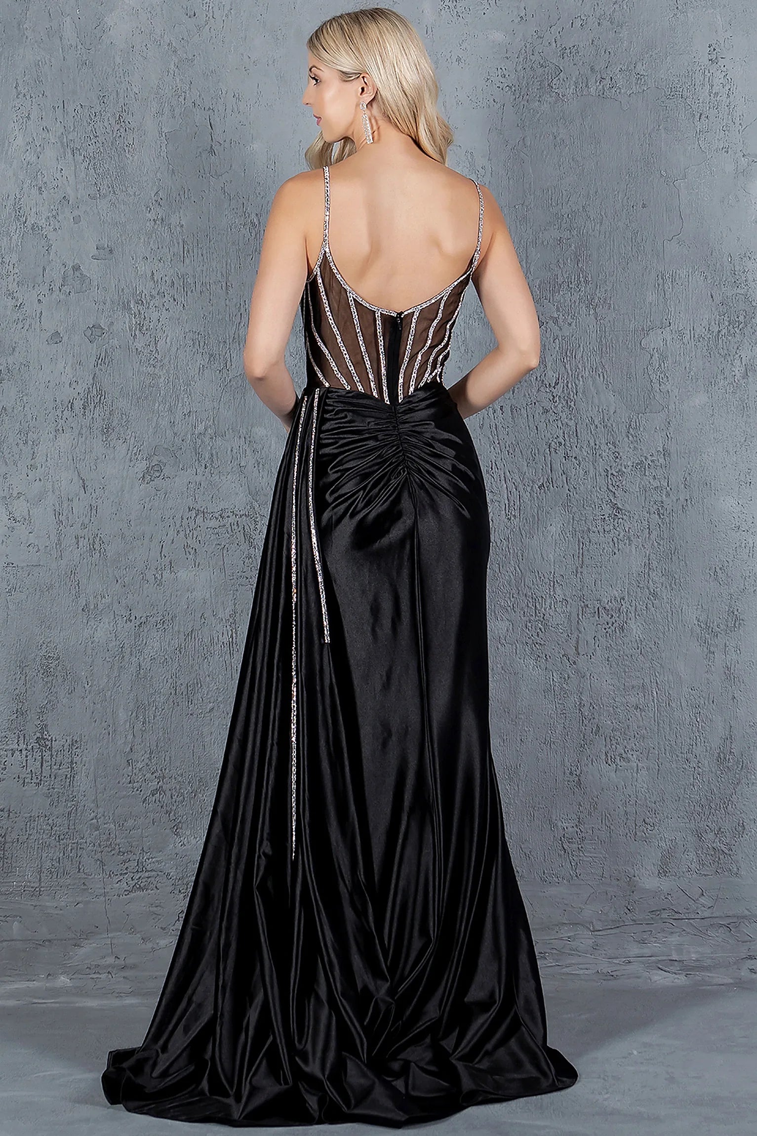 Black prom dress designed with zipper back closure