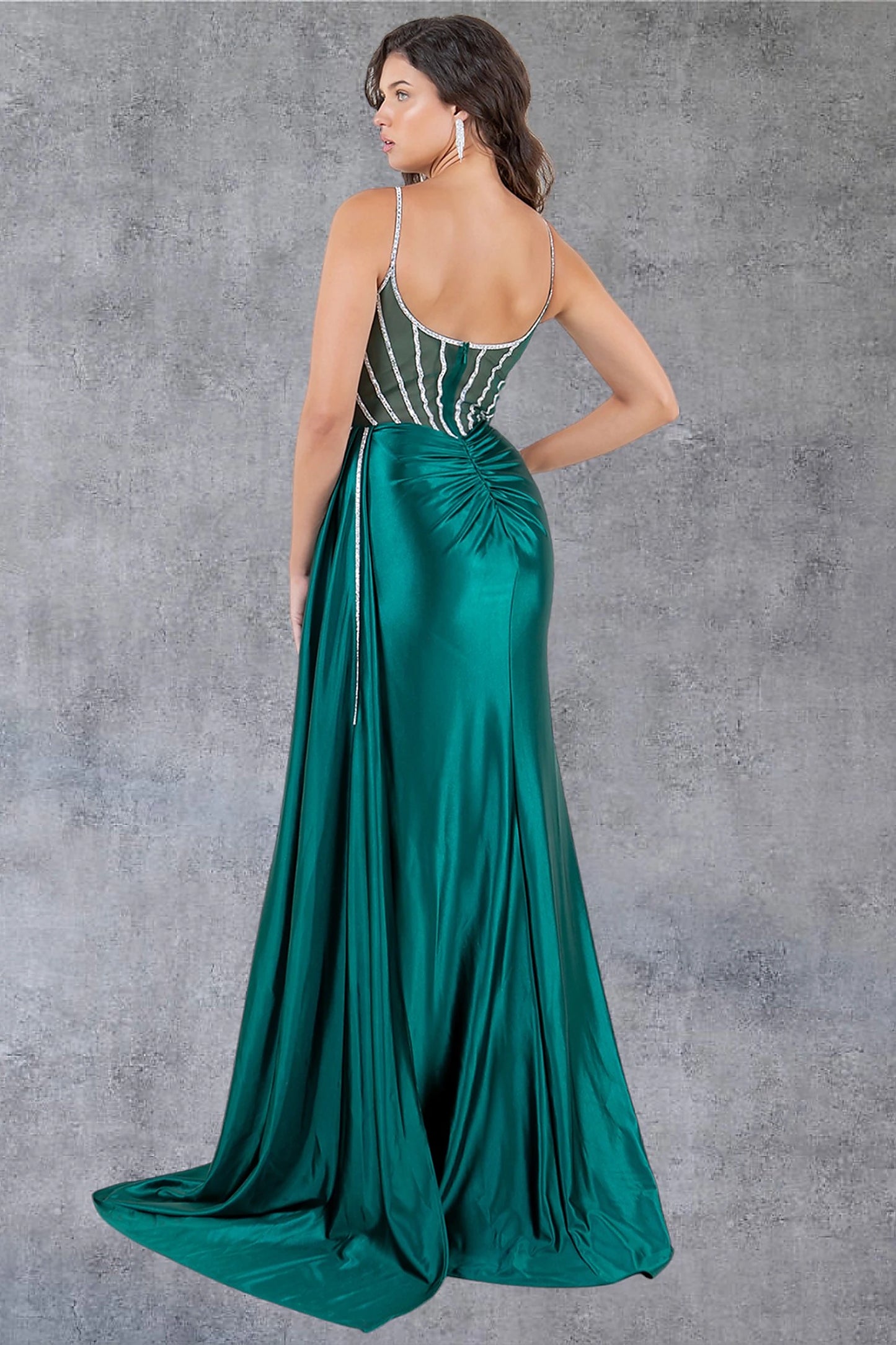 Hunter Green prom dress designed with zipper back closure