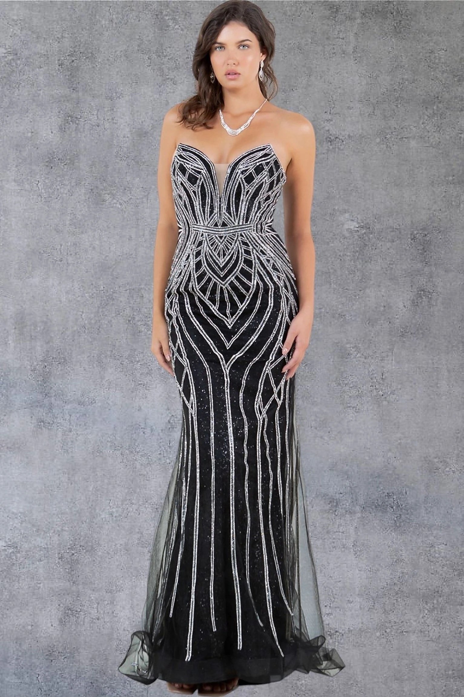 Black evening dress with sweetheart neckline and fitted bodice