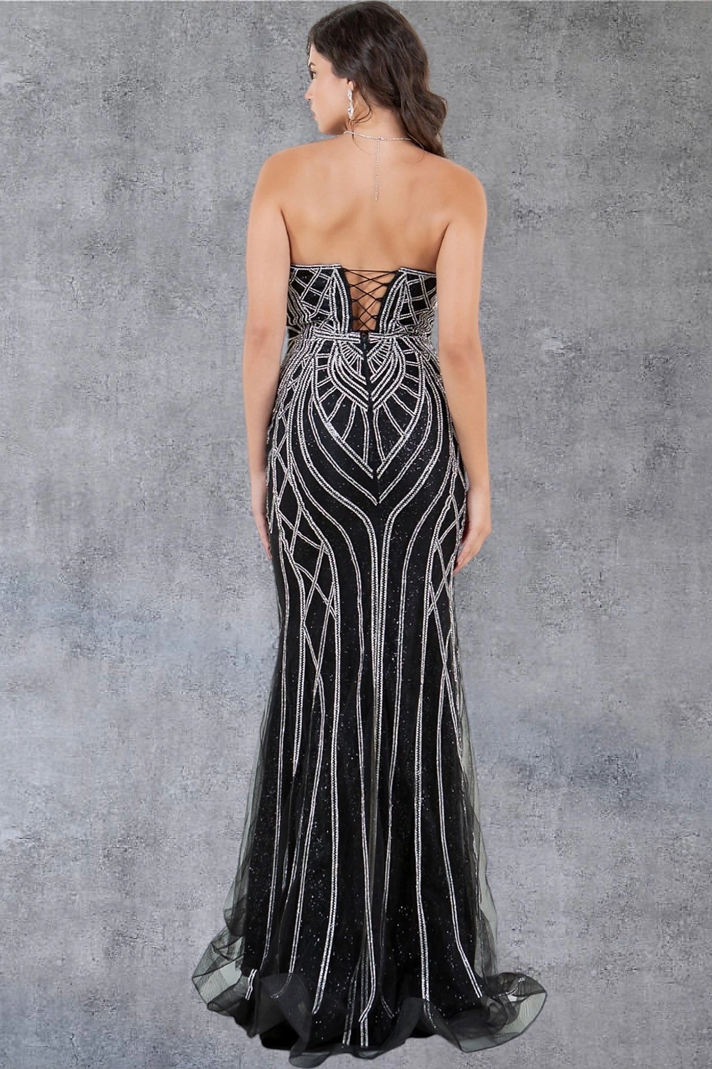 Black evening dress designed with zipper back closure and lace-up design