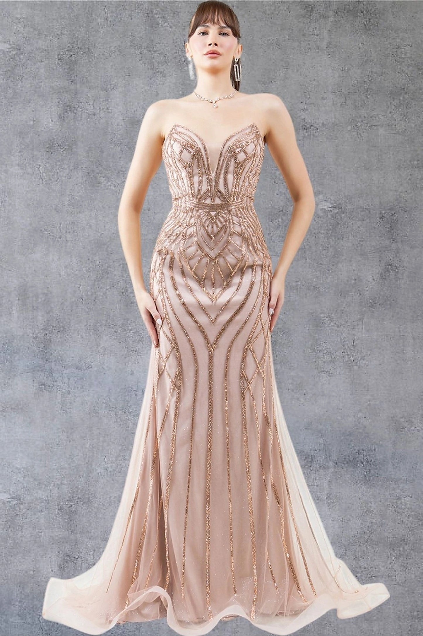 Rose Gold evening dress with sweetheart neckline and fitted bodice