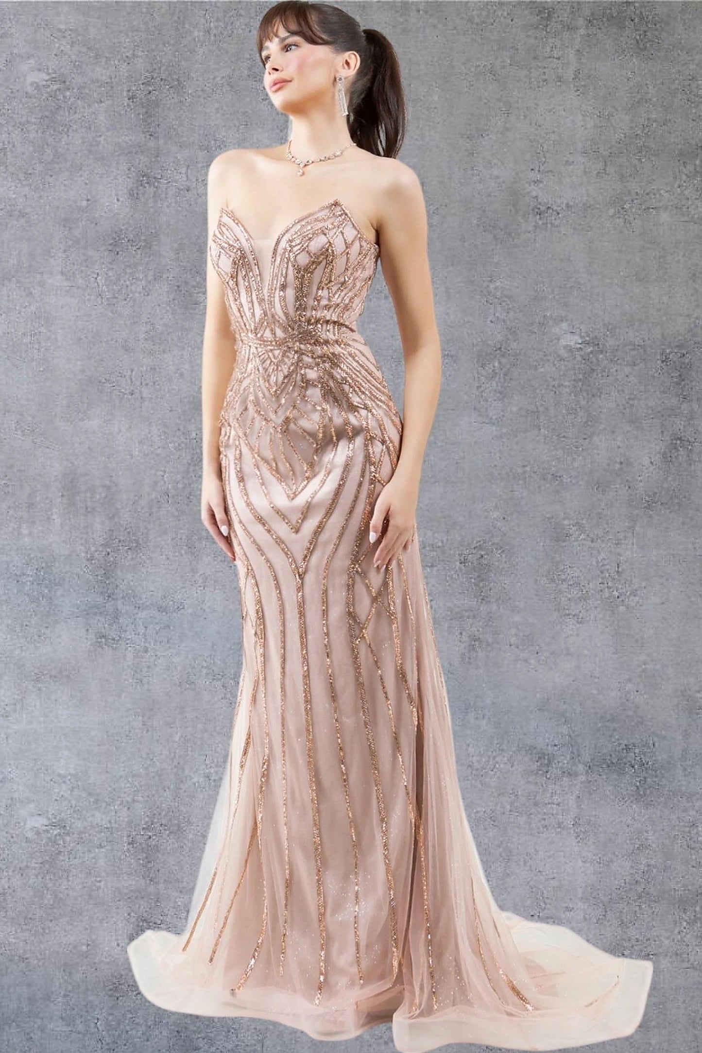 Rose Gold evening dress designed with Beaded geometric pattern