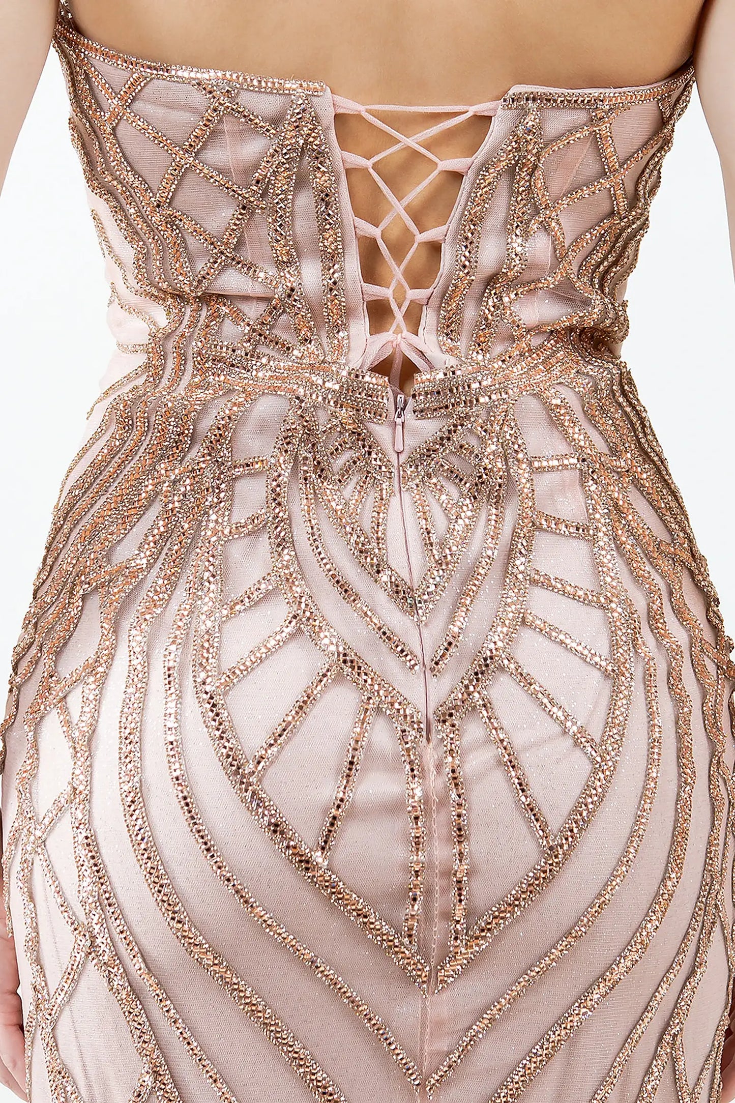 Rose Gold evening dress designed with zipper back closure and lace-up design