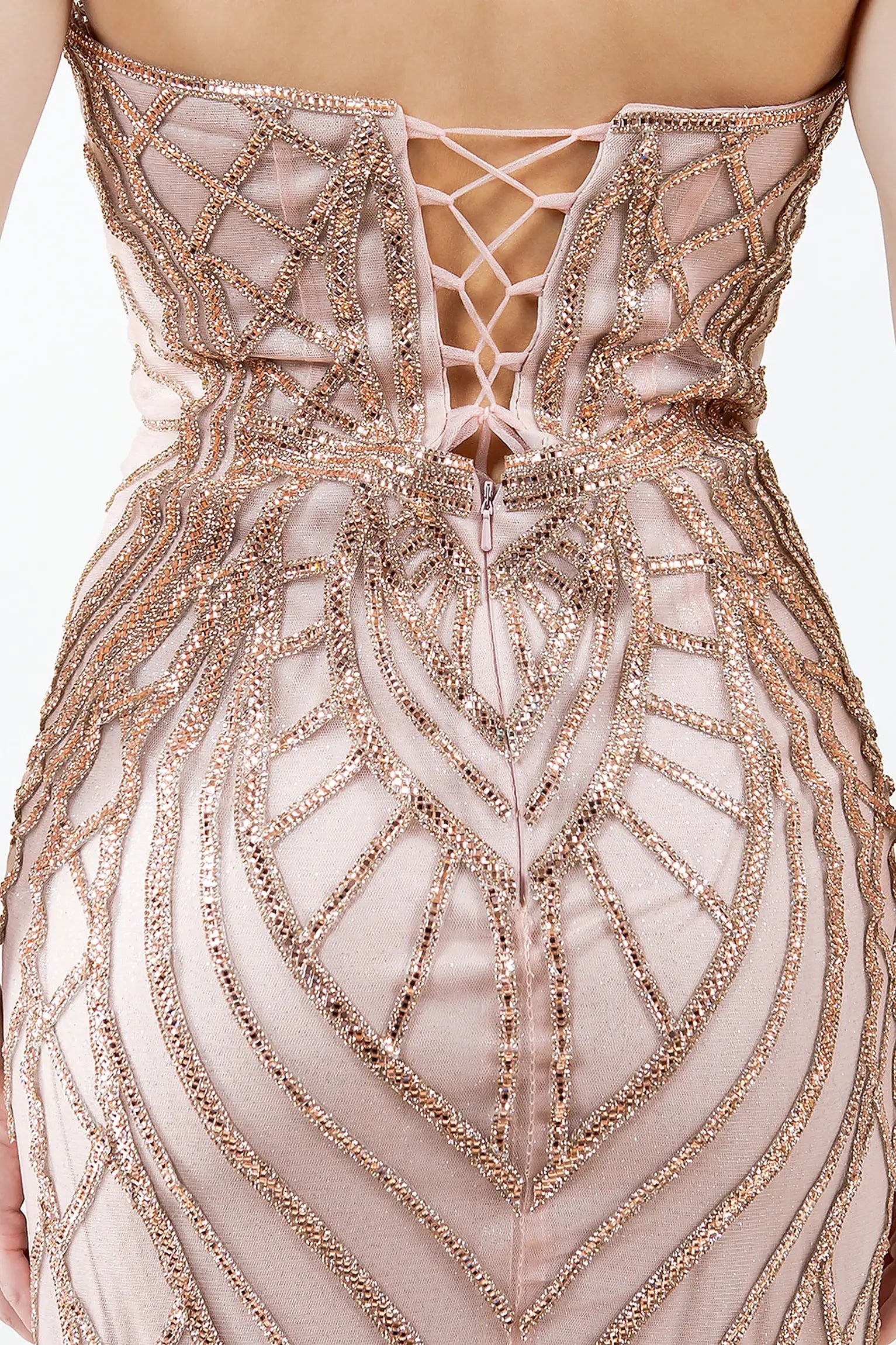 Rose Gold evening dress designed with zipper back closure and lace-up design