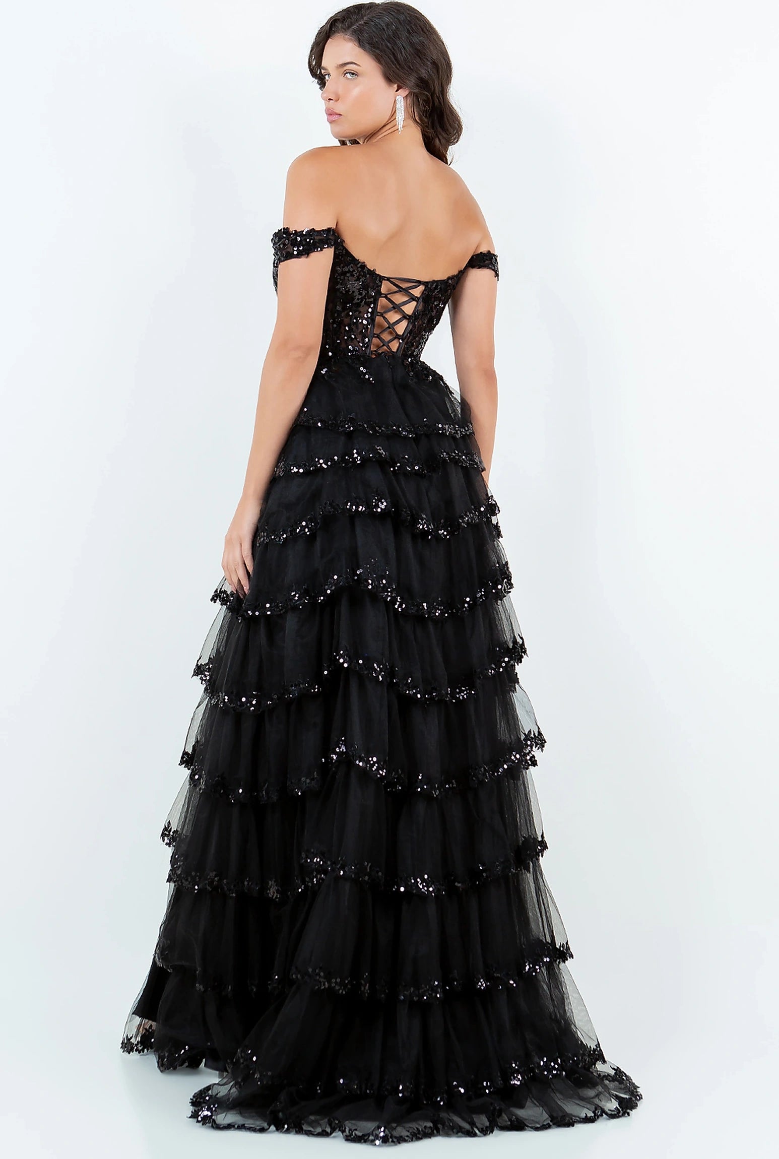 Black prom dress designed with corset lace-up back and zipper closure