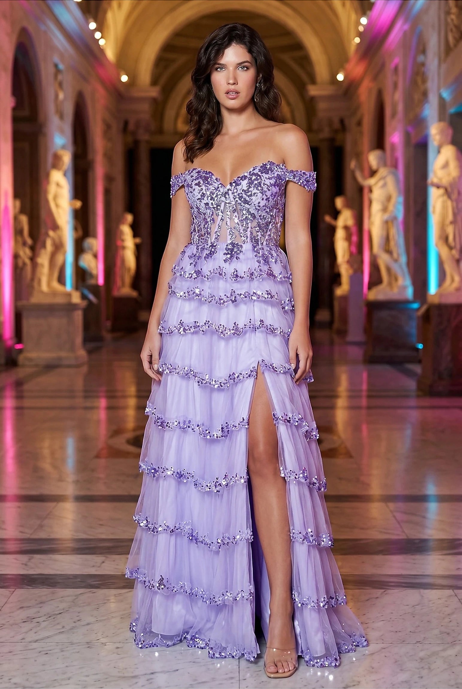 Lavender prom dress with sweetheart neckline and off-shoulder sleeves