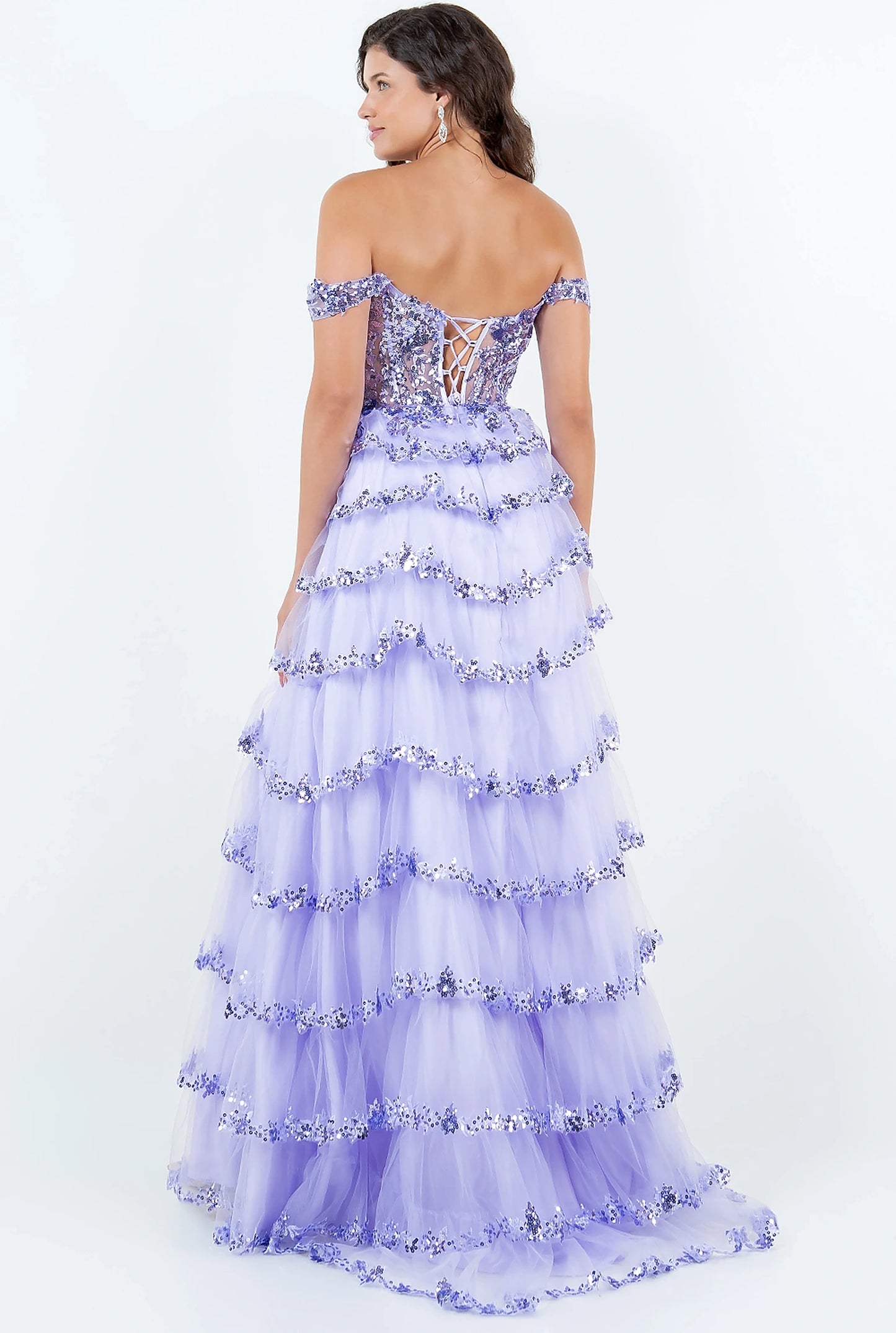 Lavender prom dress designed with corset lace-up back and zipper closure