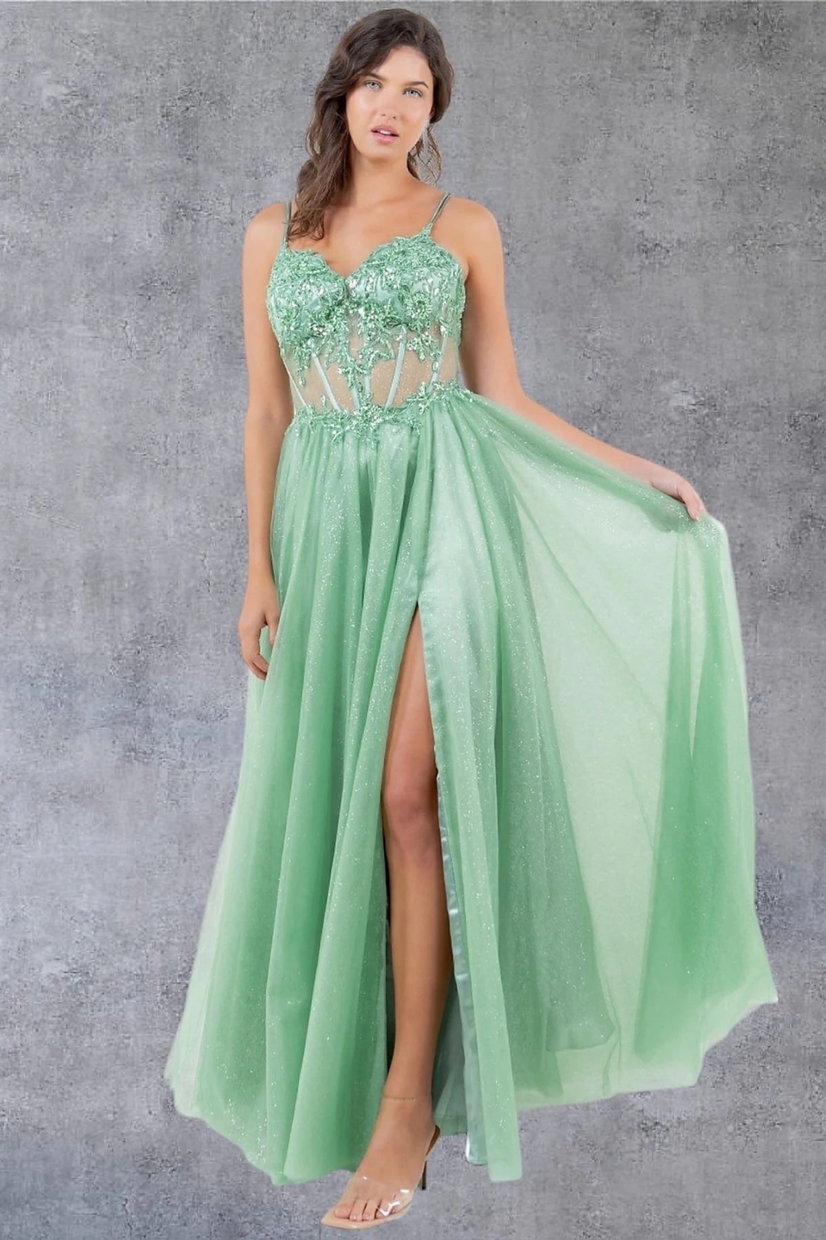 Detailed view highlights sage Glitter Evening Dress with Floral Lace Embroidery.