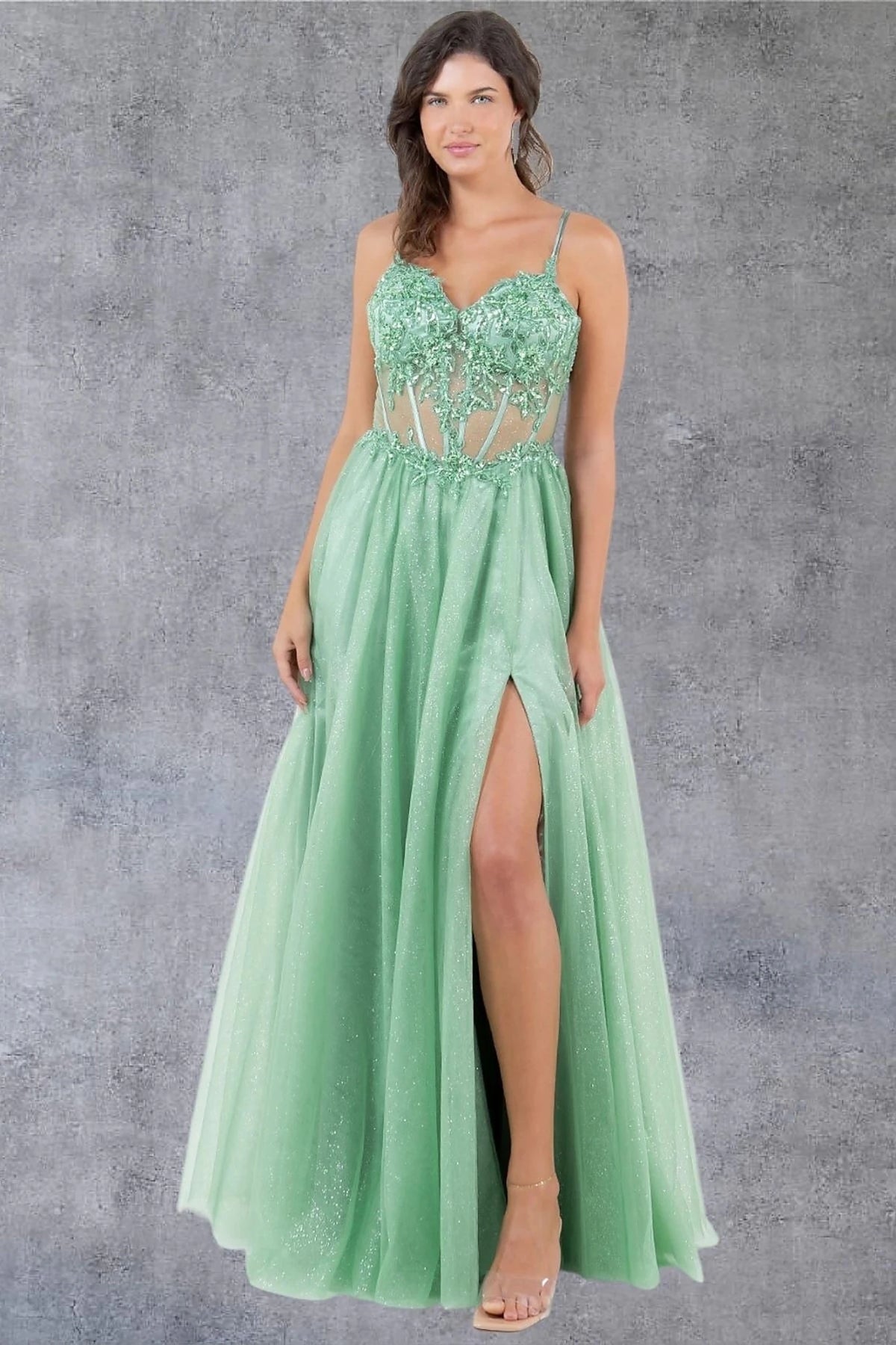 Decorative elements define sage Glitter Evening Dress with Floral Lace Embroidery.