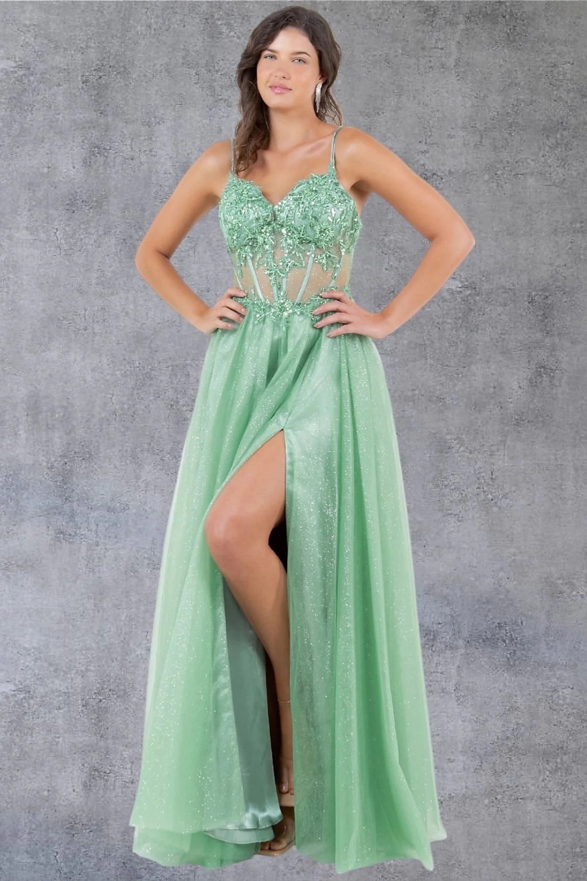 Refined styling highlights sage Glitter Evening Dress with Floral Lace Embroidery.
