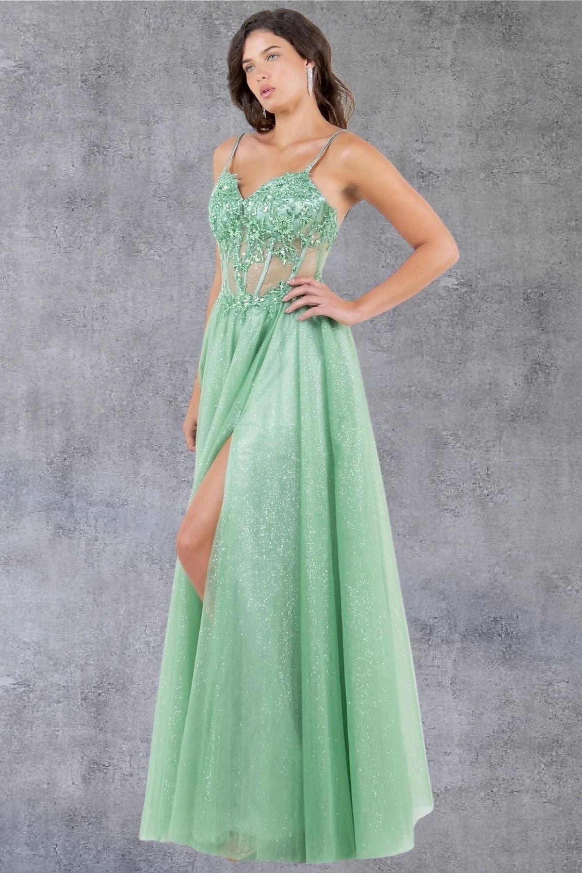 Layered details shape sage Glitter Evening Dress with Floral Lace Embroidery.