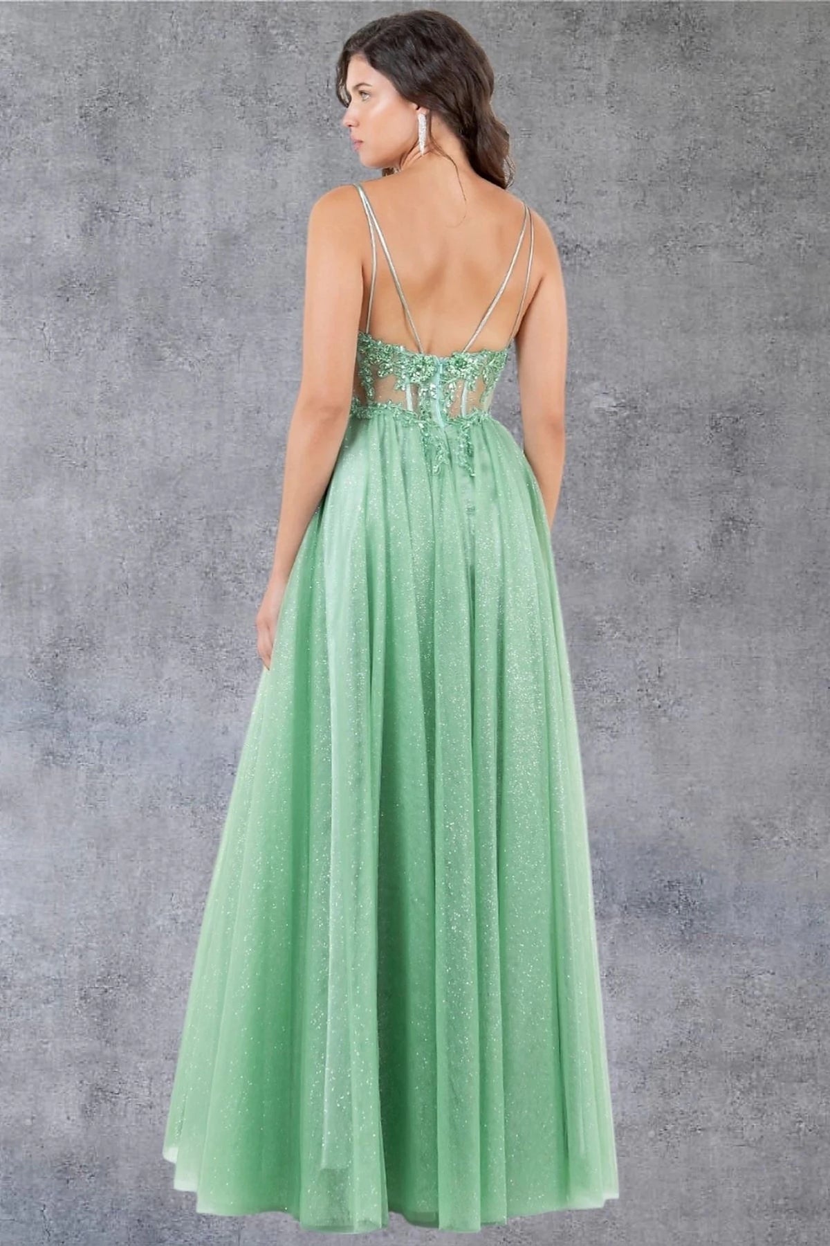 Textured details appear across sage Glitter Evening Dress with Floral Lace Embroidery.